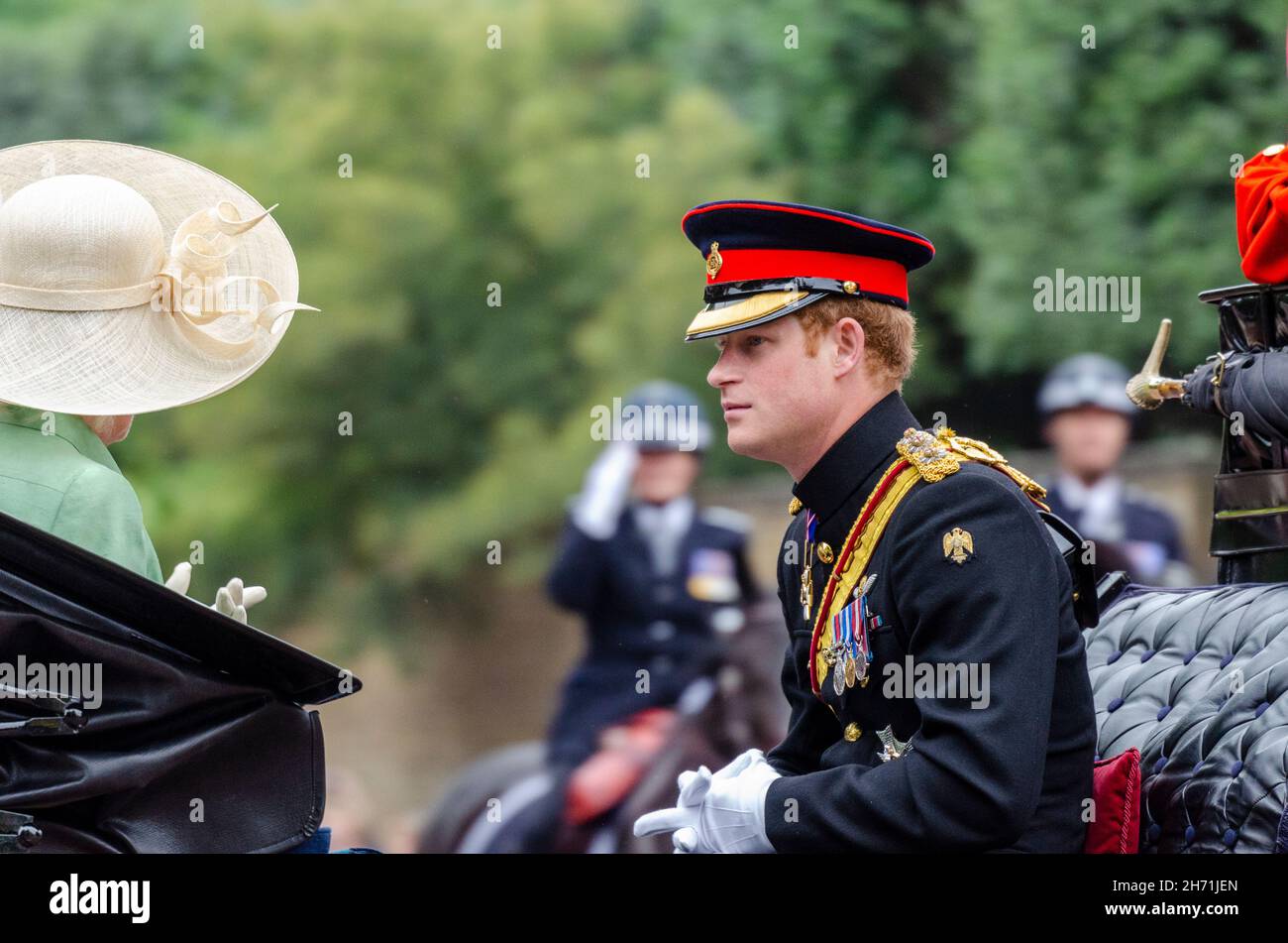 Prince Harry Wales in military army uniform. Trooping of the Colour 2015 in The Mall. London, UK. Latterly Duke of Sussex, in army dress uniform Stock Photo