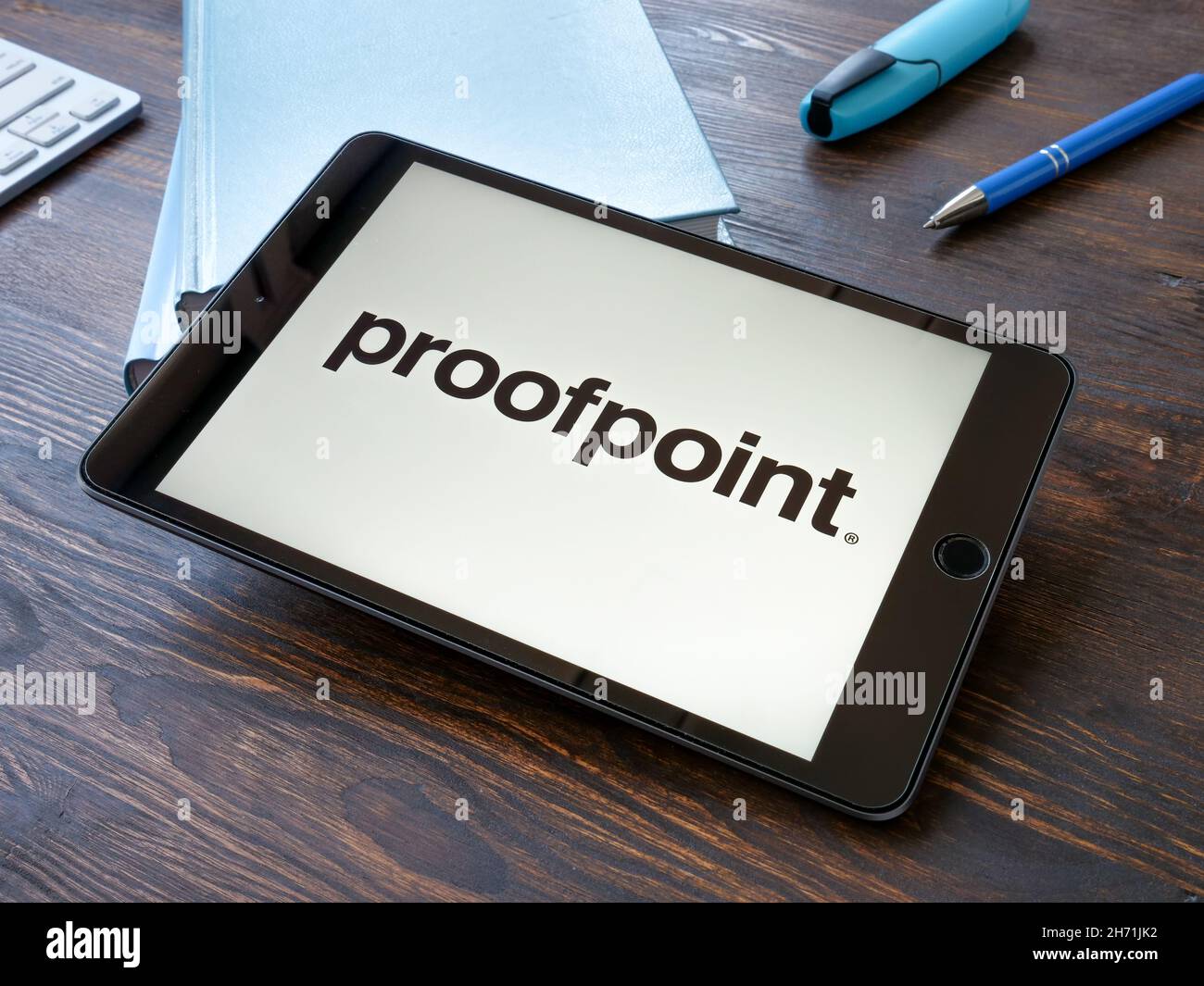 KYIV, UKRAINE - October 20, 2021. Logo of Proofpoint company on the desk. Stock Photo