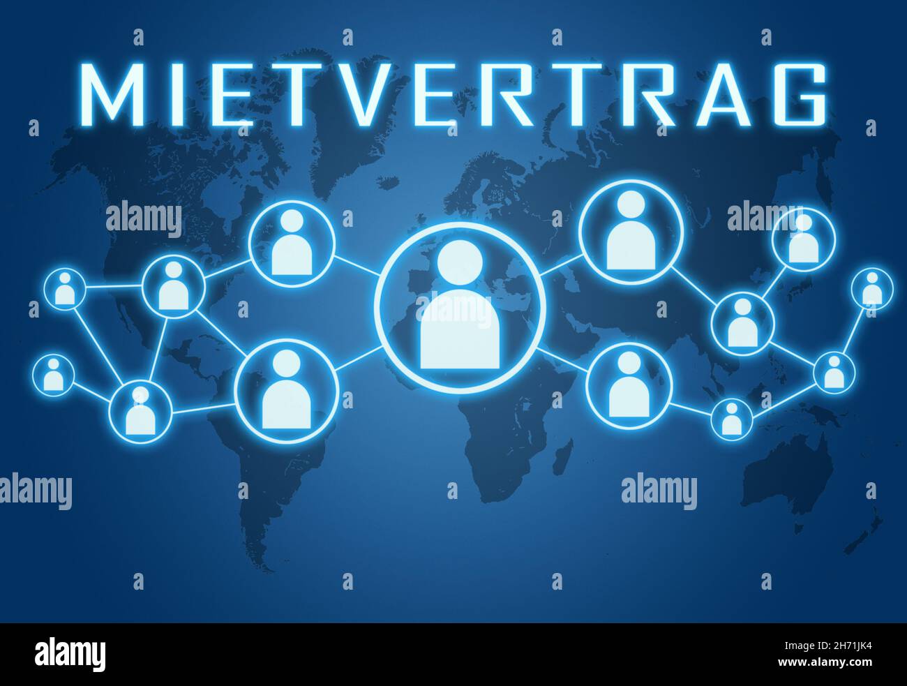 Mietvertrag - german word for rent contract or lease agreement - text concept on blue background with world map and social icons. Stock Photo