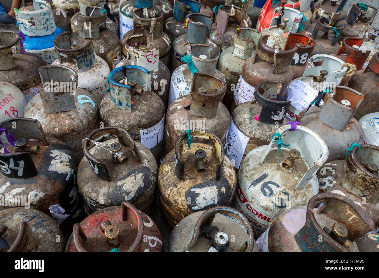 The domestic gas supply crisis in Venezuela. In many parts of the country the shortage of gas cylinders is severe. The cost is very cheap, each cylind Stock Photo