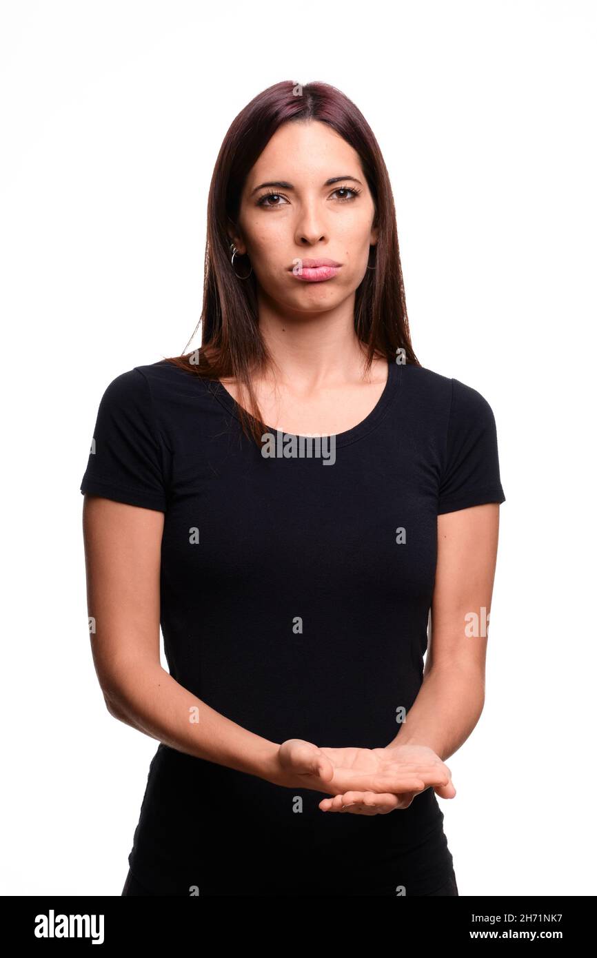 Isolated in white background woman saying bored in spanish
