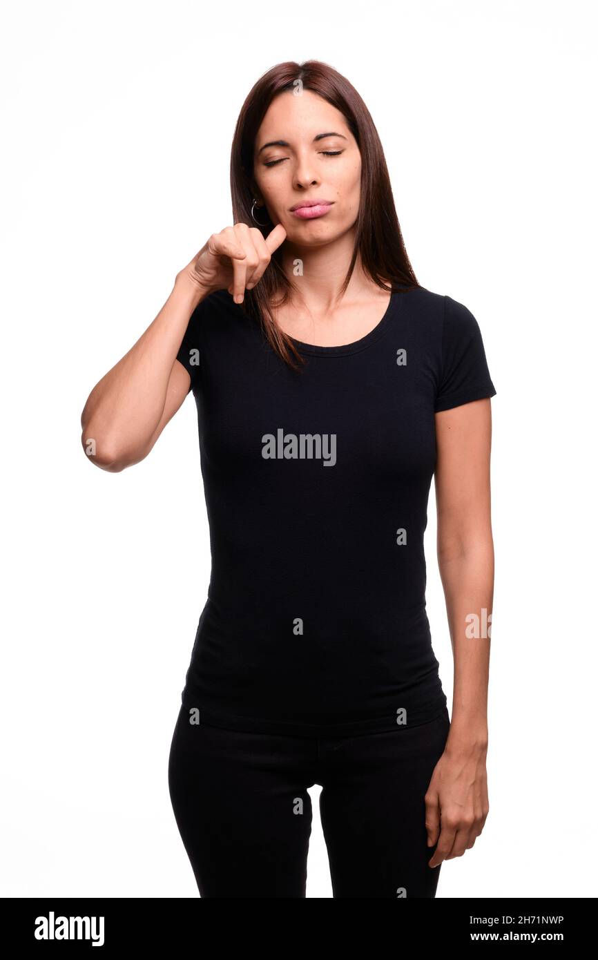 Isolated in white background woman saying tired in spanish