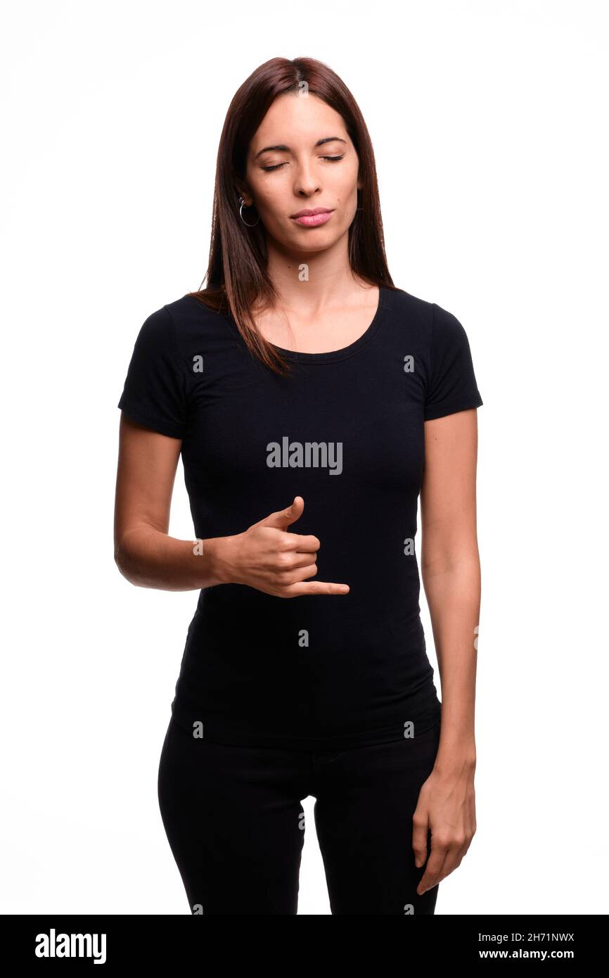 Isolated in white background woman saying tired in spanish