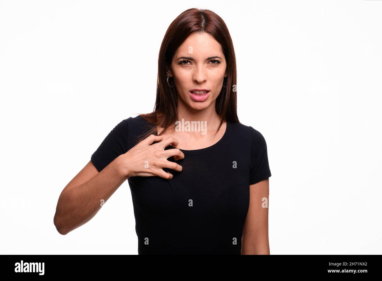 Isolated in white background woman saying rage in spanish sign