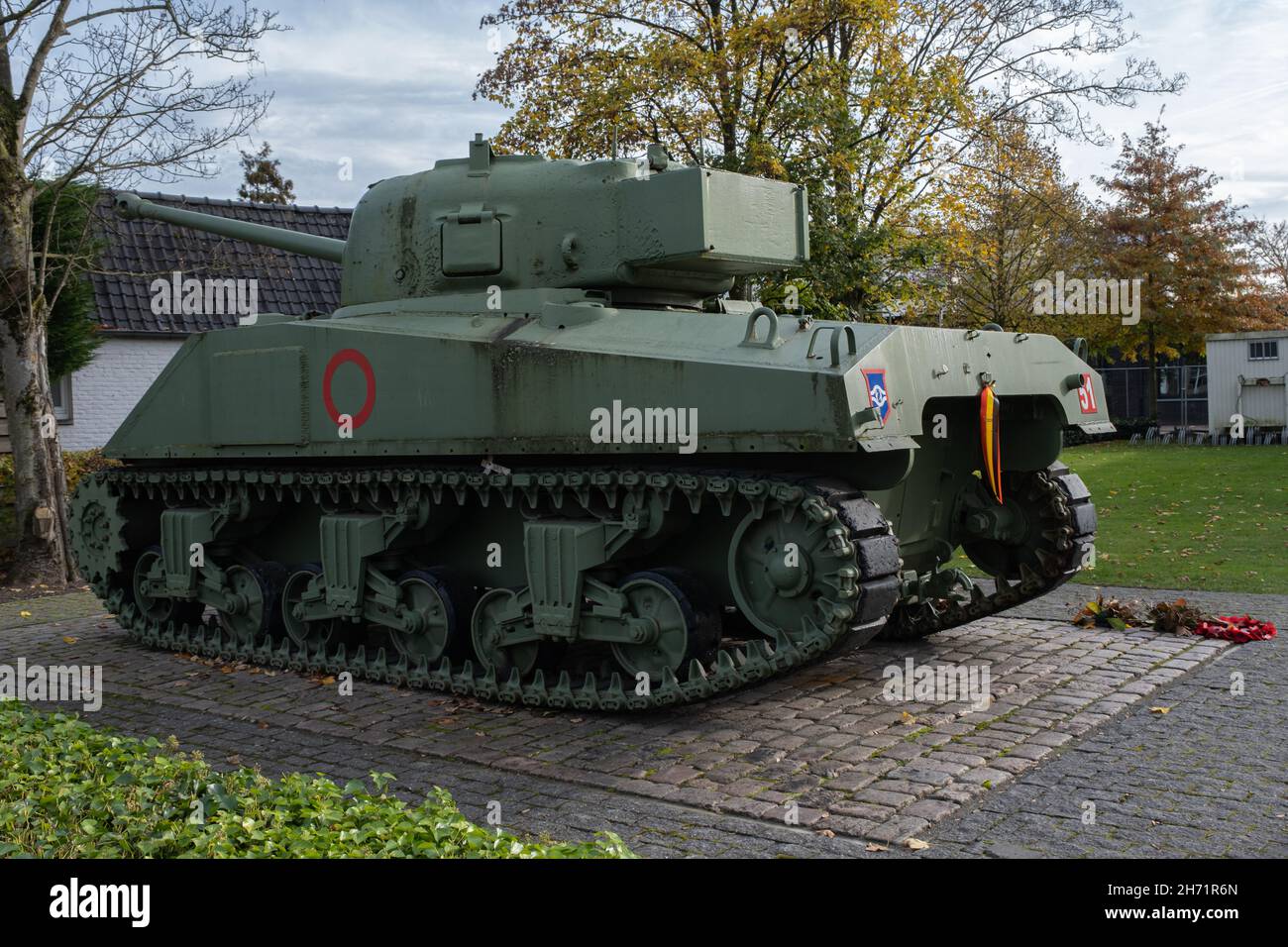 Hechtel-Eksel, Belgium - October 31, 2021: Tank memorial of the type M4A2 Sherman. Hectel was the front line between German and British troops. Autumn Stock Photo