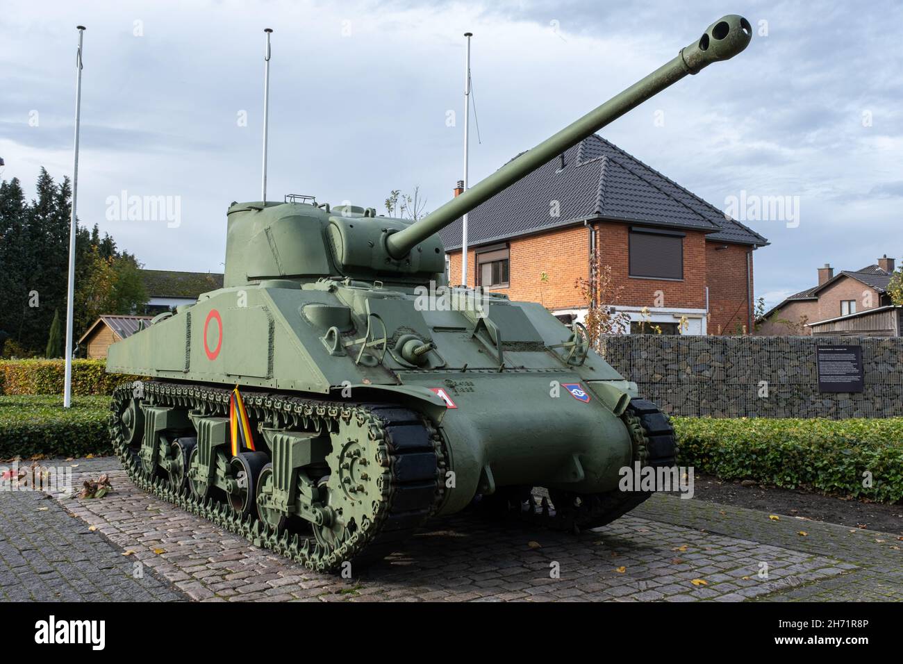 Hechtel-Eksel, Belgium - October 31, 2021: Tank memorial of the type M4A2 Sherman. Hectel was the front line between German and British troops. Autumn Stock Photo