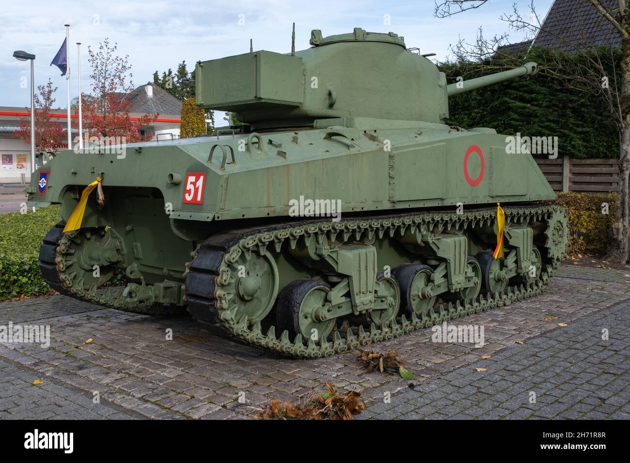 Hechtel-Eksel, Belgium - October 31, 2021: Tank memorial of the type M4A2 Sherman. Hectel was the front line between German and British troops. Autumn Stock Photo