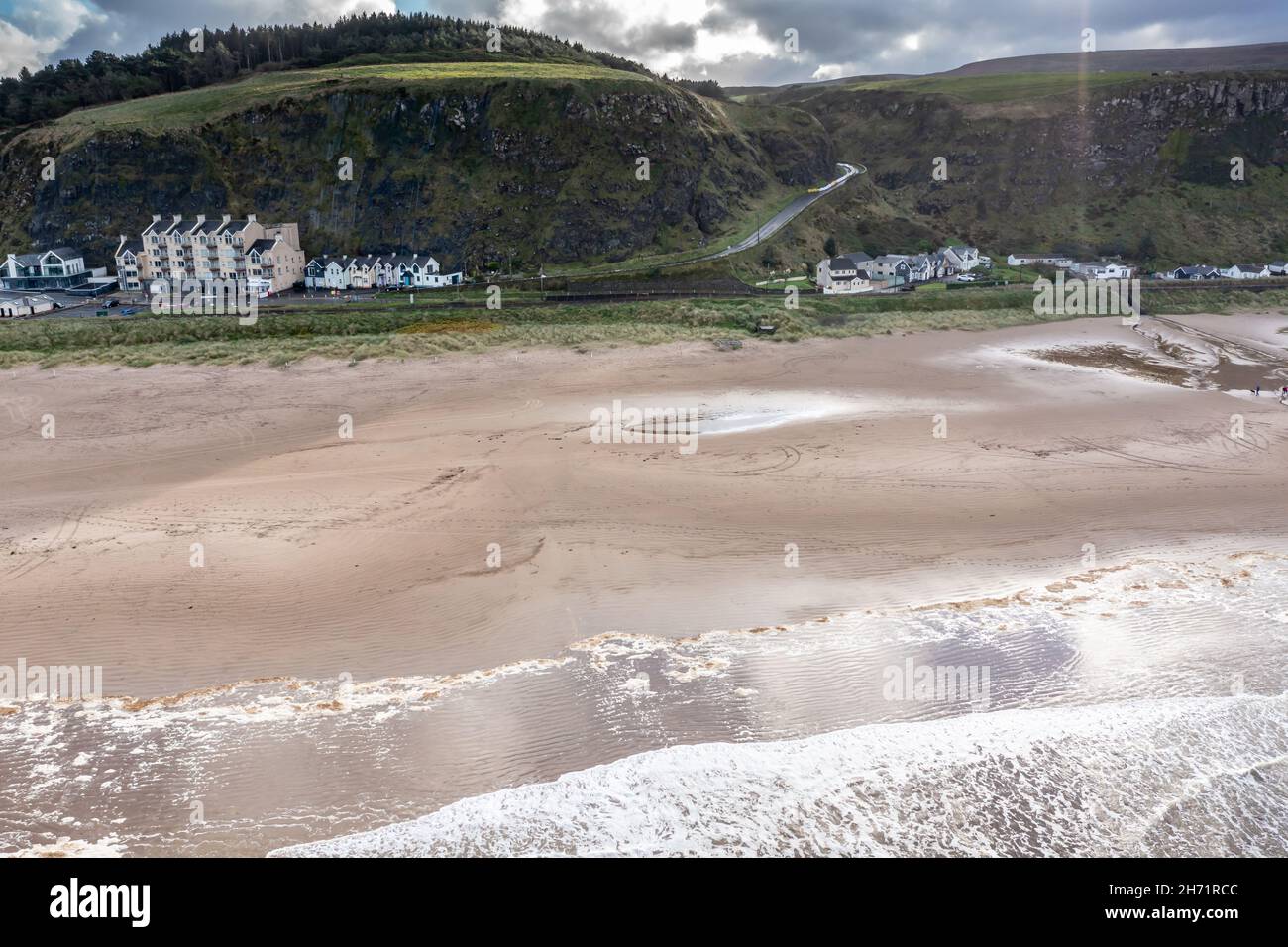 Aerial view of Downhill beach at County Antrim coastline Northern