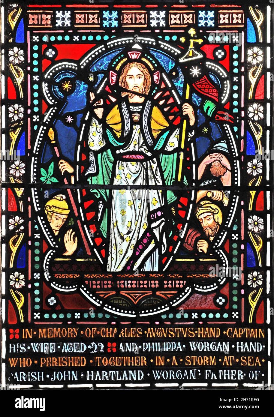 A stained glass window by Frederick Preedy depicting The Resurrection of Christ, St Peter's Church, Willersey, Gloucestershire Stock Photo