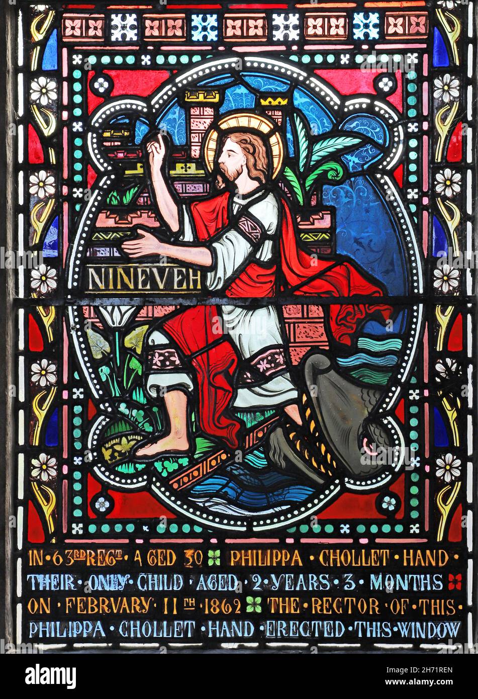 A stained glass window by Frederick Preedy depicting Jonah emerging from the whale, St Peter's