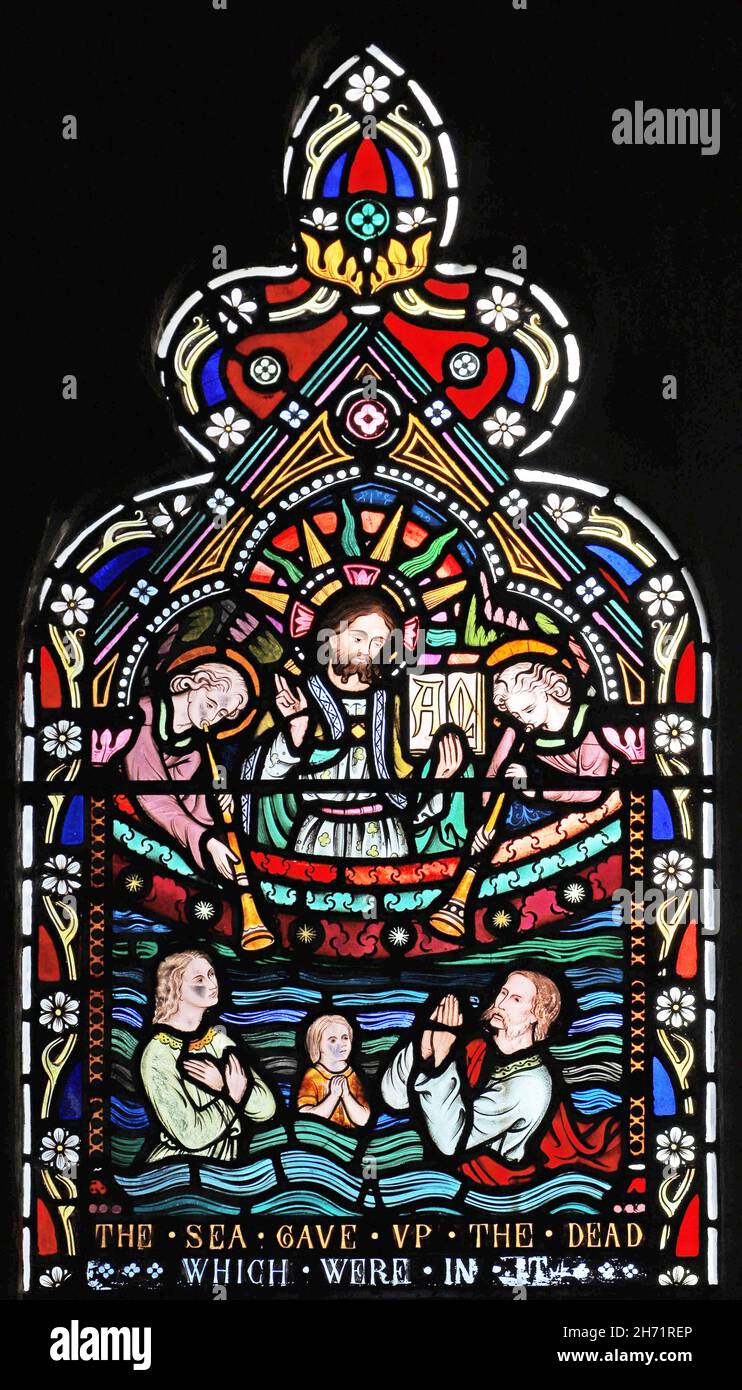A stained glass window by Frederick Preedy depicting a scene from the Book of Revelation, St Peter's Church, Willersey, Gloucestershire Stock Photo