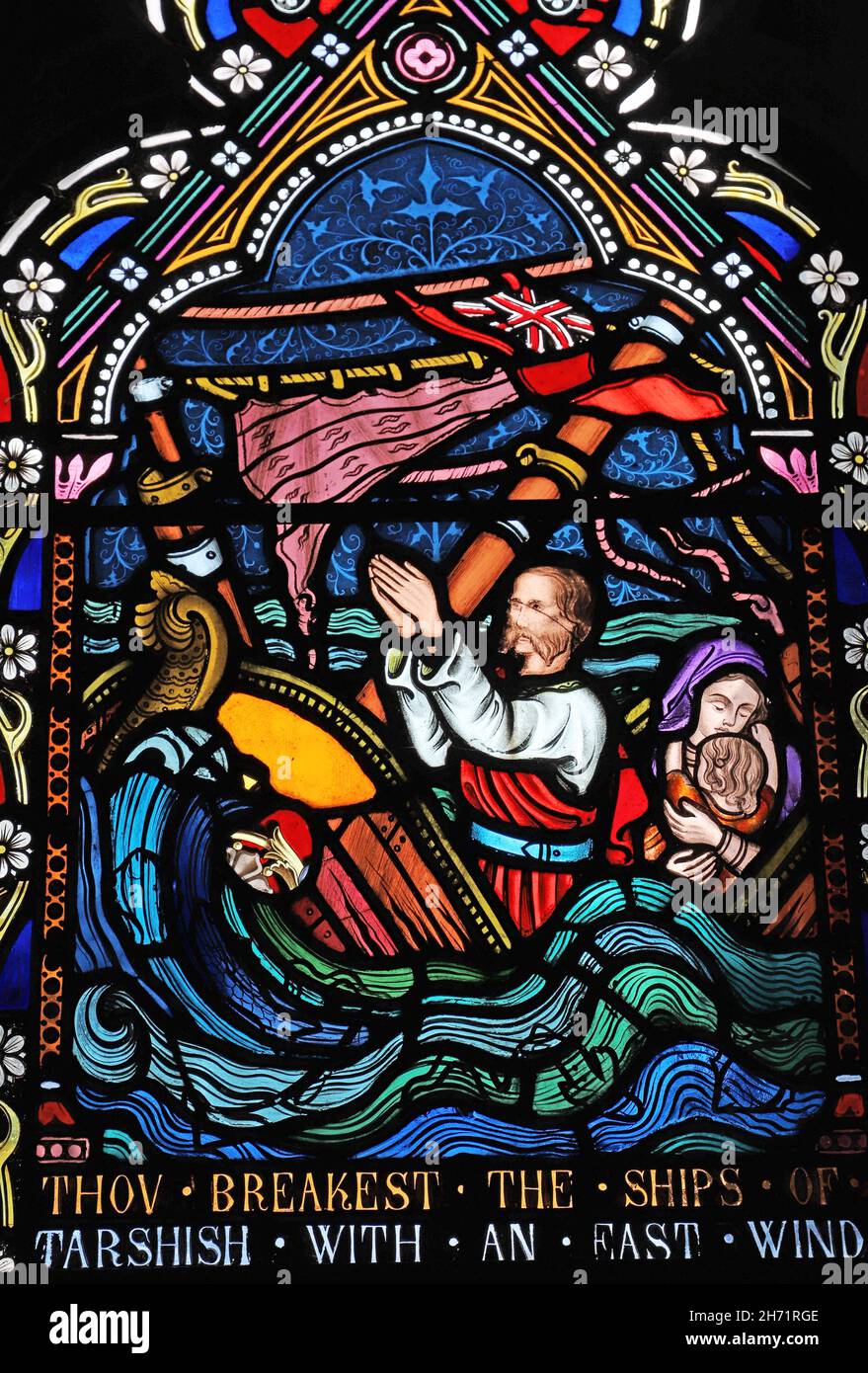 A stained glass window by Frederick Preedy commemmorating the sinking of the steamship SS Spartan, St Peter's Church, Willersey, Gloucestershire Stock Photo