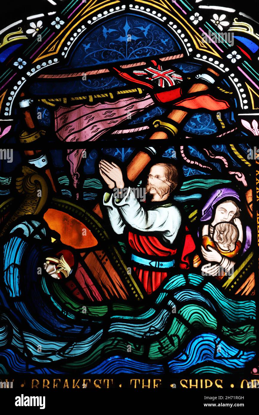 A stained glass window by Frederick Preedy commemmorating the sinking of the steamship SS Spartan, St Peter's Church, Willersey, Gloucestershire Stock Photo