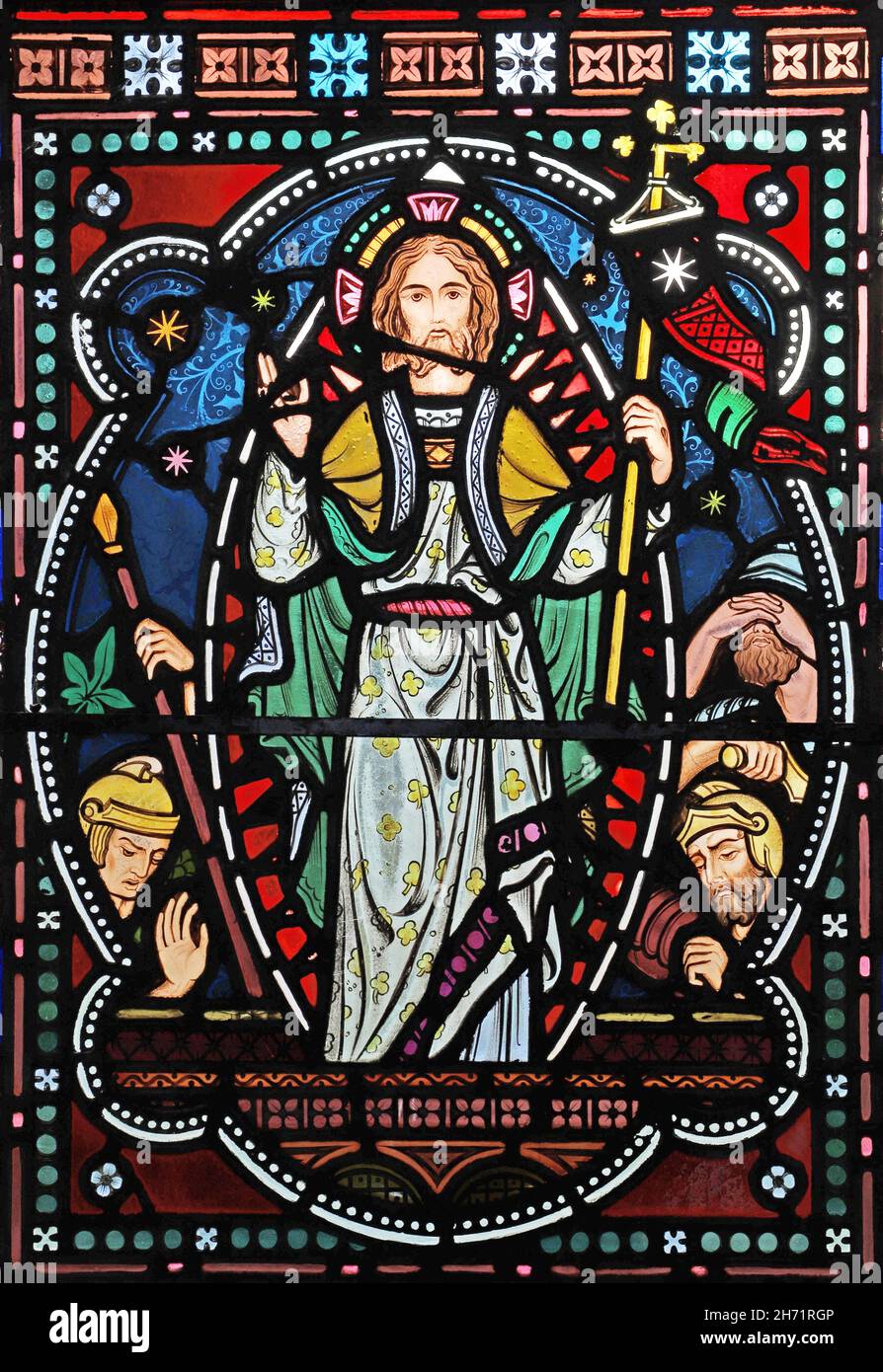 A stained glass window by Frederick Preedy depicting the resurrection of Jesus, St Peter's Church, Willersey, Gloucestershire Stock Photo