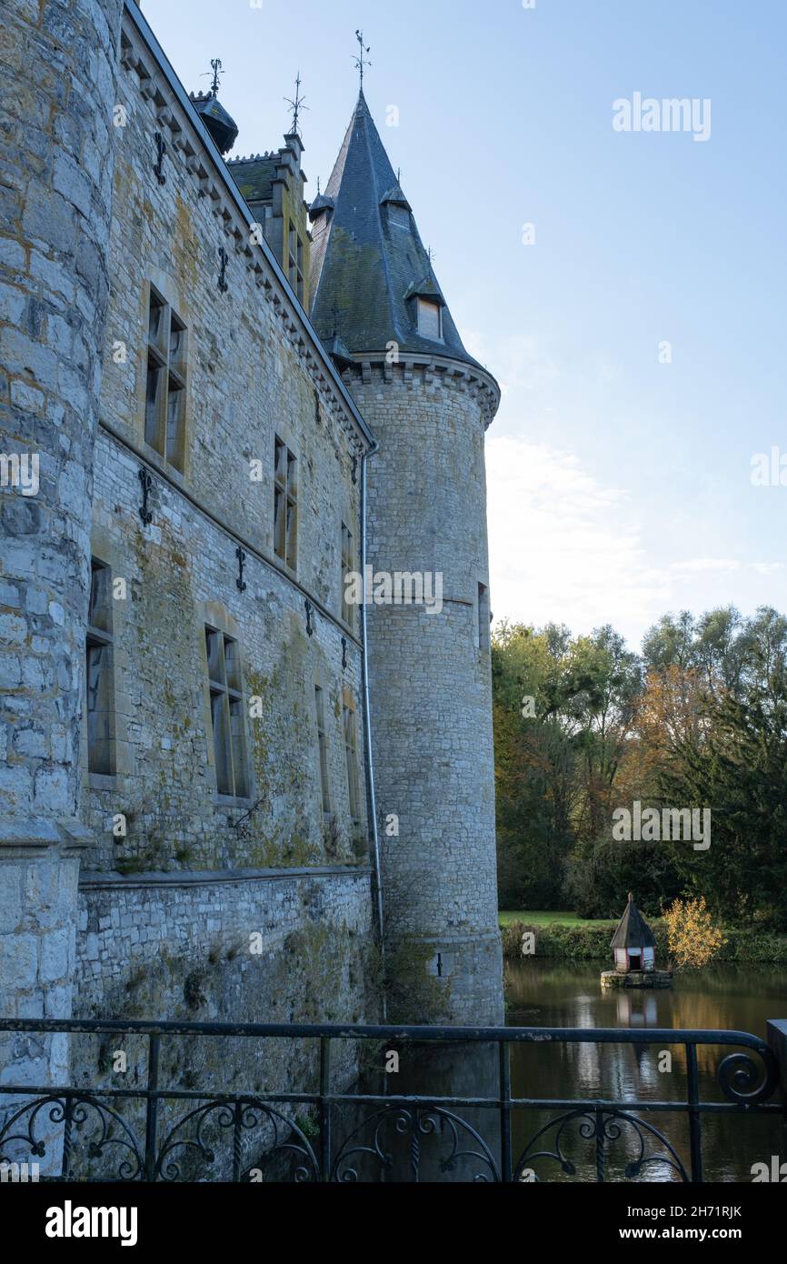 Braives, Belgium - November 1, 2021: Fallais Castle is a castle originating in the 13th century and built by the Beaufort family. Liege Province. Autu Stock Photo