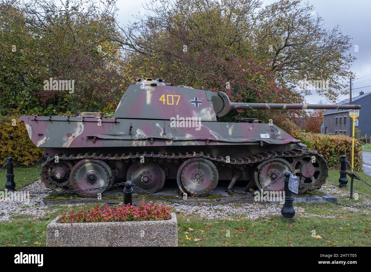 Manhay, Belgium - November 2, 2021: This German Panther tank (Panzer V G-type or ausf G) is in front of the war museum in Manhay. Liege Province. Sele Stock Photo