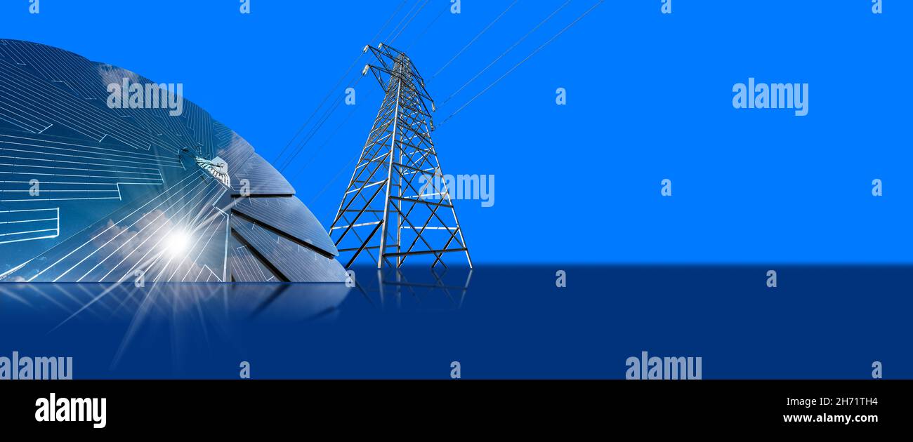 Round solar panel and high voltage tower on a blue background with copy space and reflections. Stock Photo