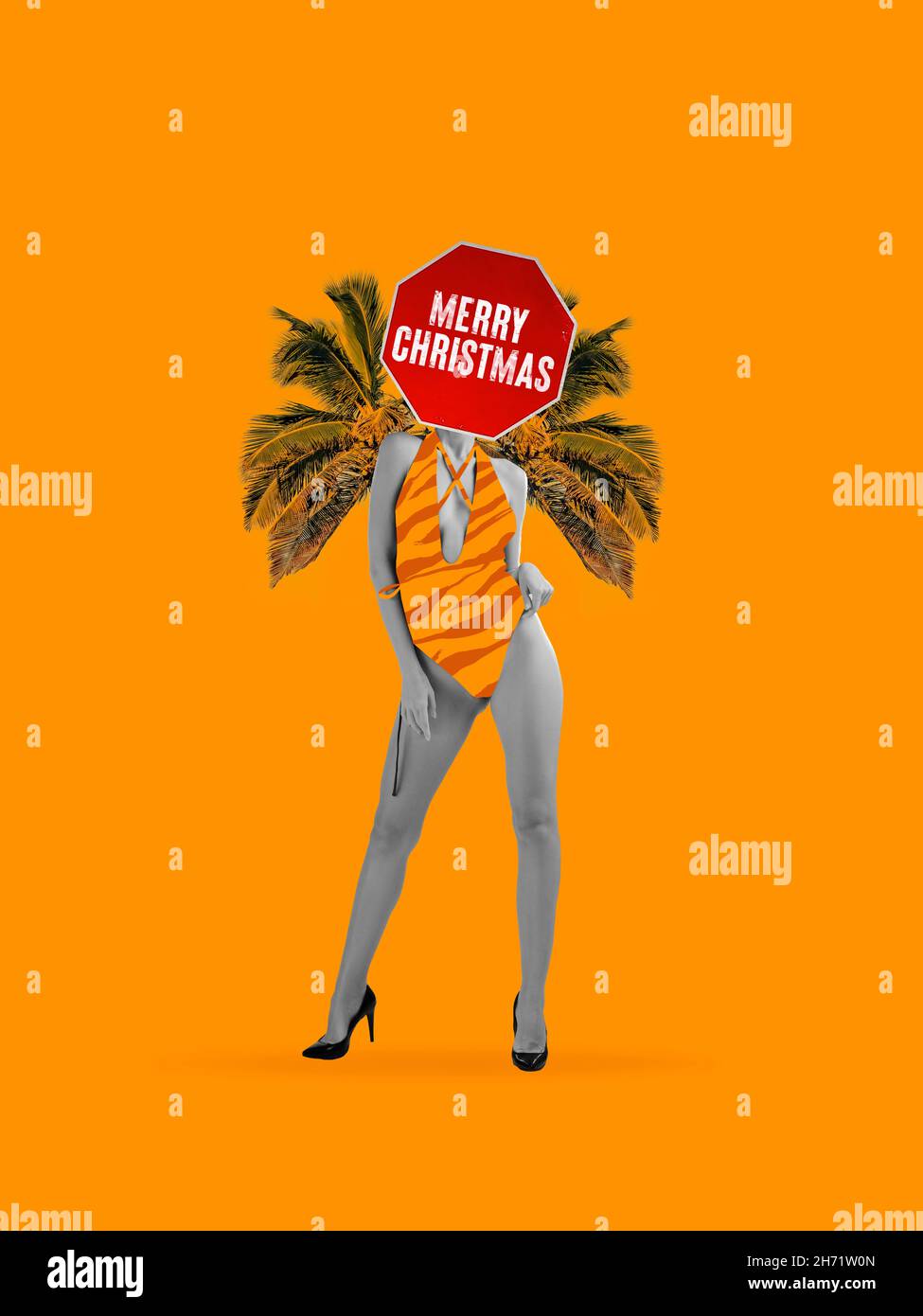 Contemporary art collage. Slim young woman in swimsuit headed of traffic sign Merry Christmas. Surrealism. Stock Photo