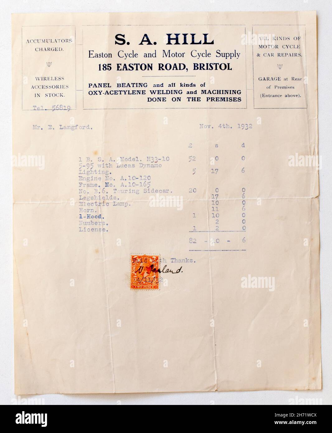1930 Sales Receipt for BSA HSS 10 Motorbike from SA Hill in Bristol Stock Photo