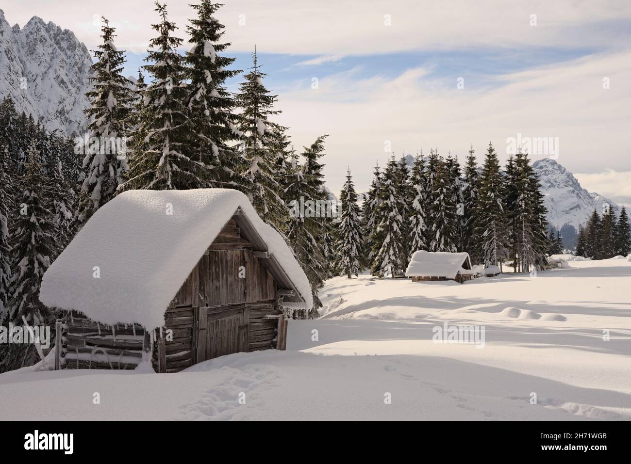 Small wooden hut in a fir forest in the mountains covered with snow ...