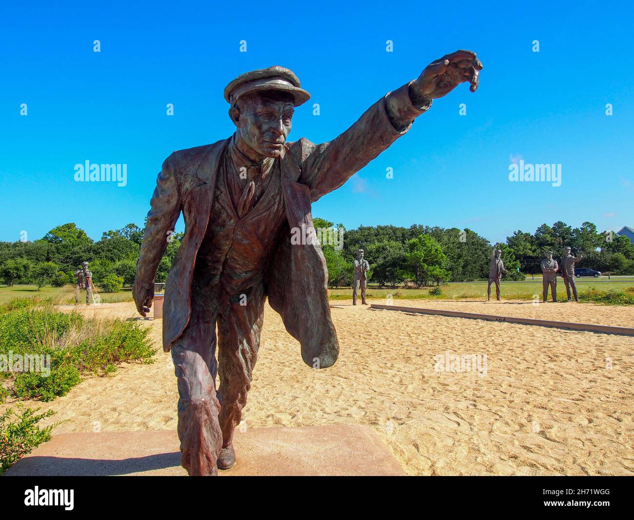 Close-up of Wilbur Wright on the December 17, 1903 bronze sculpture by Stephen H. Smith at the Wright Brothers National Memorial in Kill Devil Hills, Stock Photo