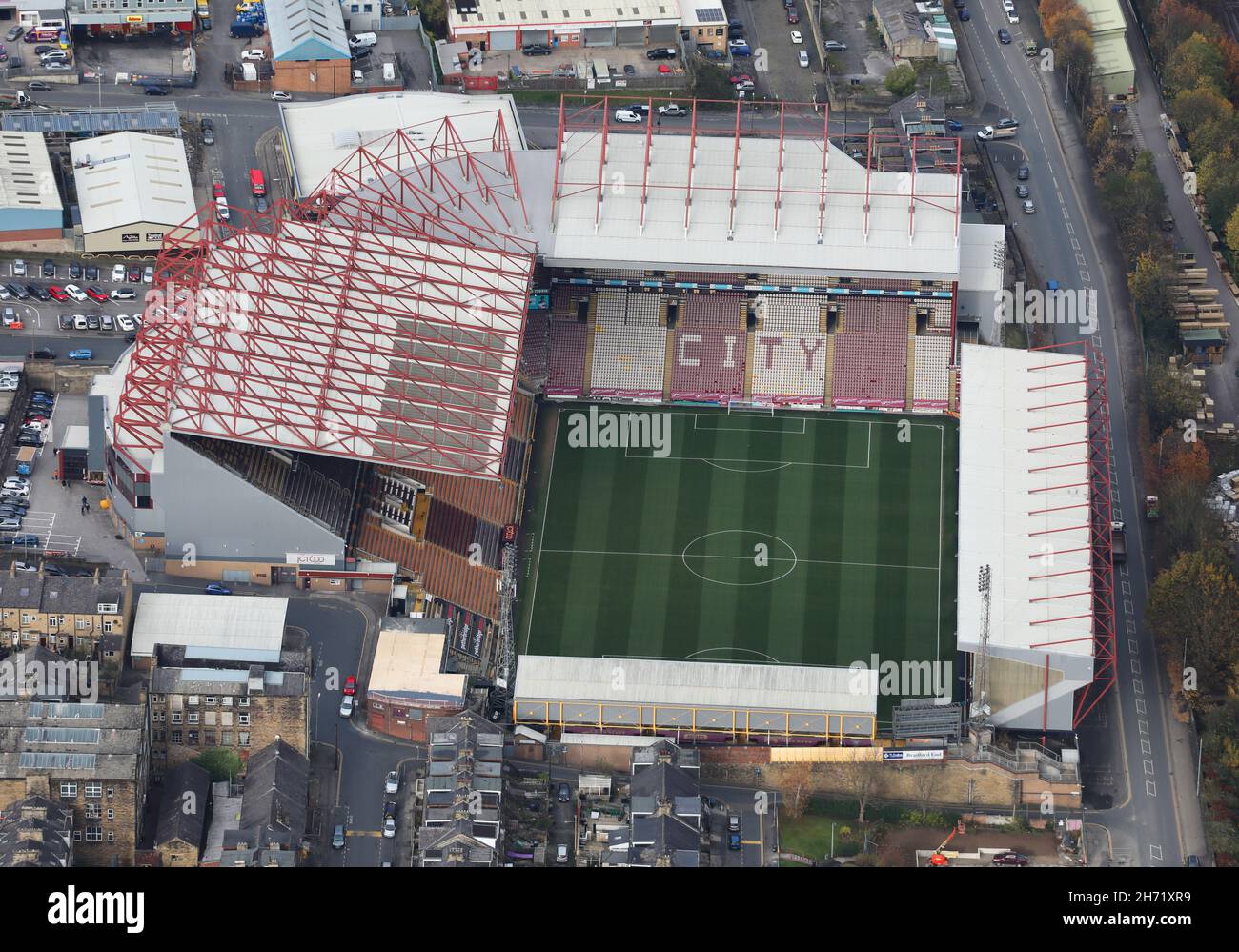 aerial view of Valley Parade, the home of Bradford City Football Club, West Yorkshire Stock Photo