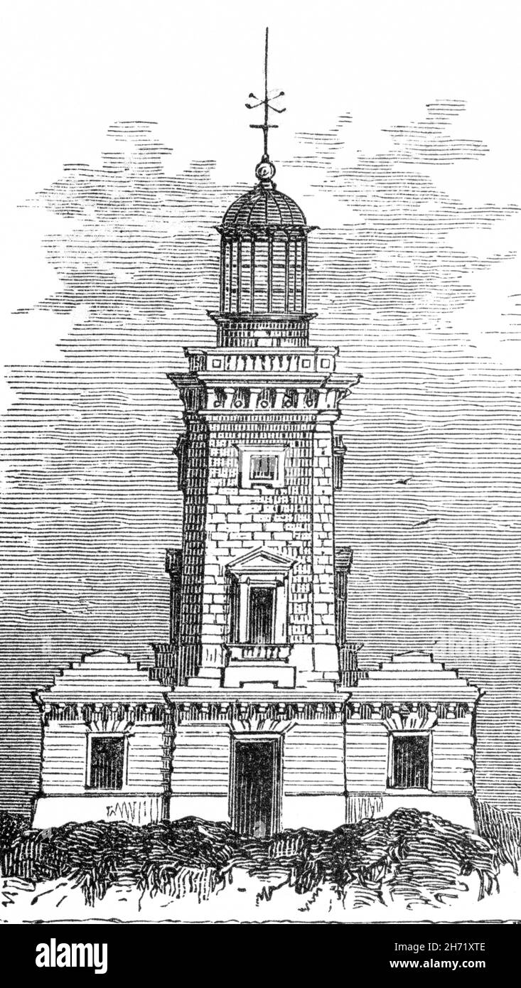 Europa, Frankreich, Leuchtturm am Cap de la Hère , Holzstich aus einem Buch, aus dem Jahr 1879 , in schwarzweiß konvertiert, Kunsturheberrechte werden nicht vertreten .  /  Europe, France, lighthouse at the Cap de la Hère, wood engraving from a book, published 1879, converted in black and white, there are no rights . Stock Photo