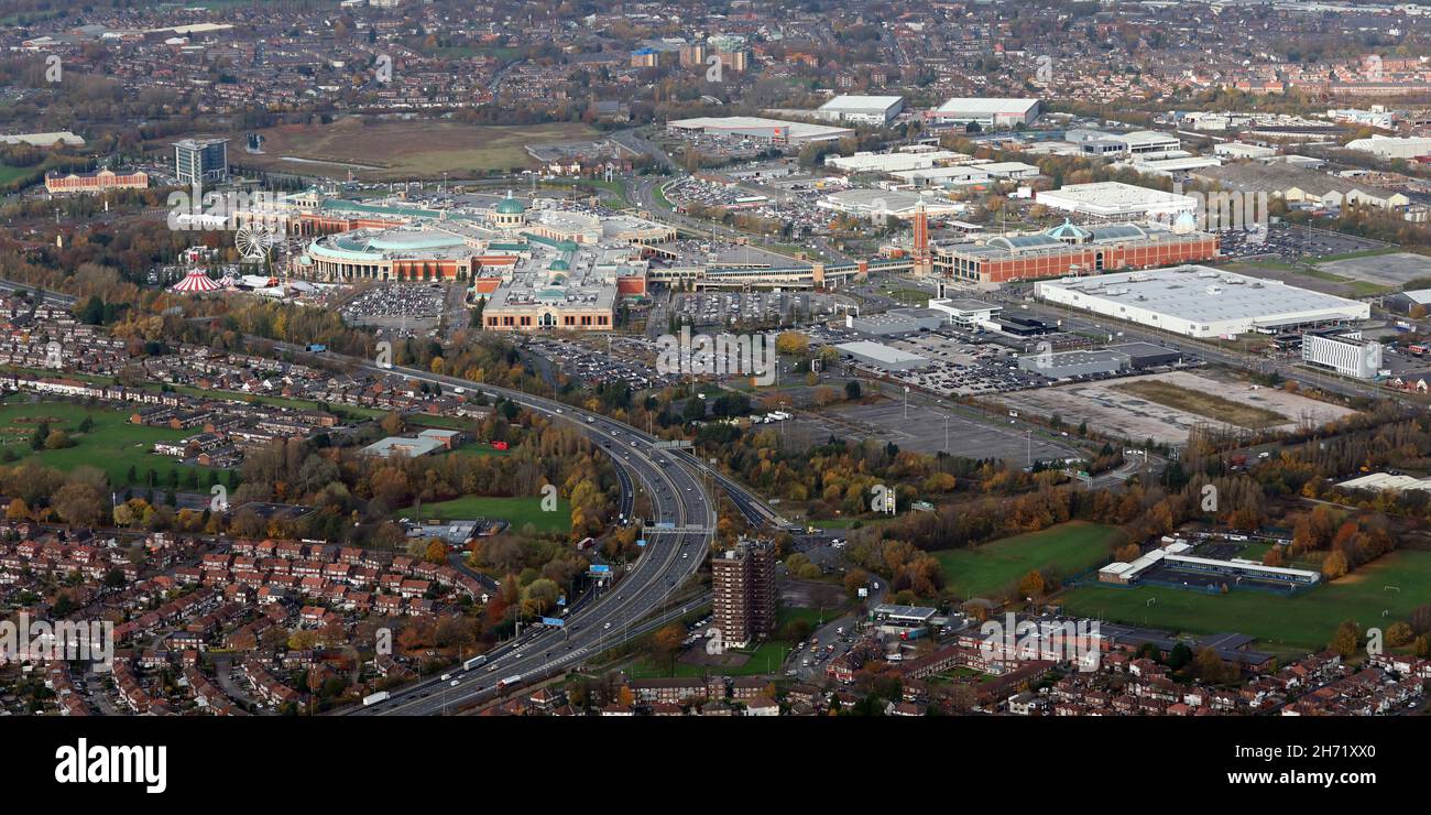 aerial view of The Trafford Centre (Shopping Centre) viewed looking north across junction 9 (and junction 10) of M60 Motorway, Manchester Stock Photo