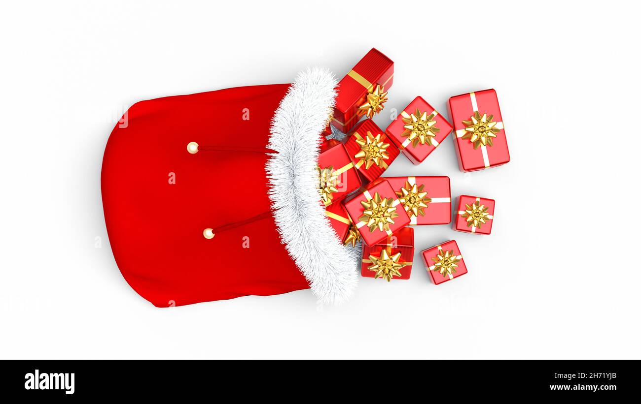 Christmas bag full of red gifts 3D rendering white background Stock Photo