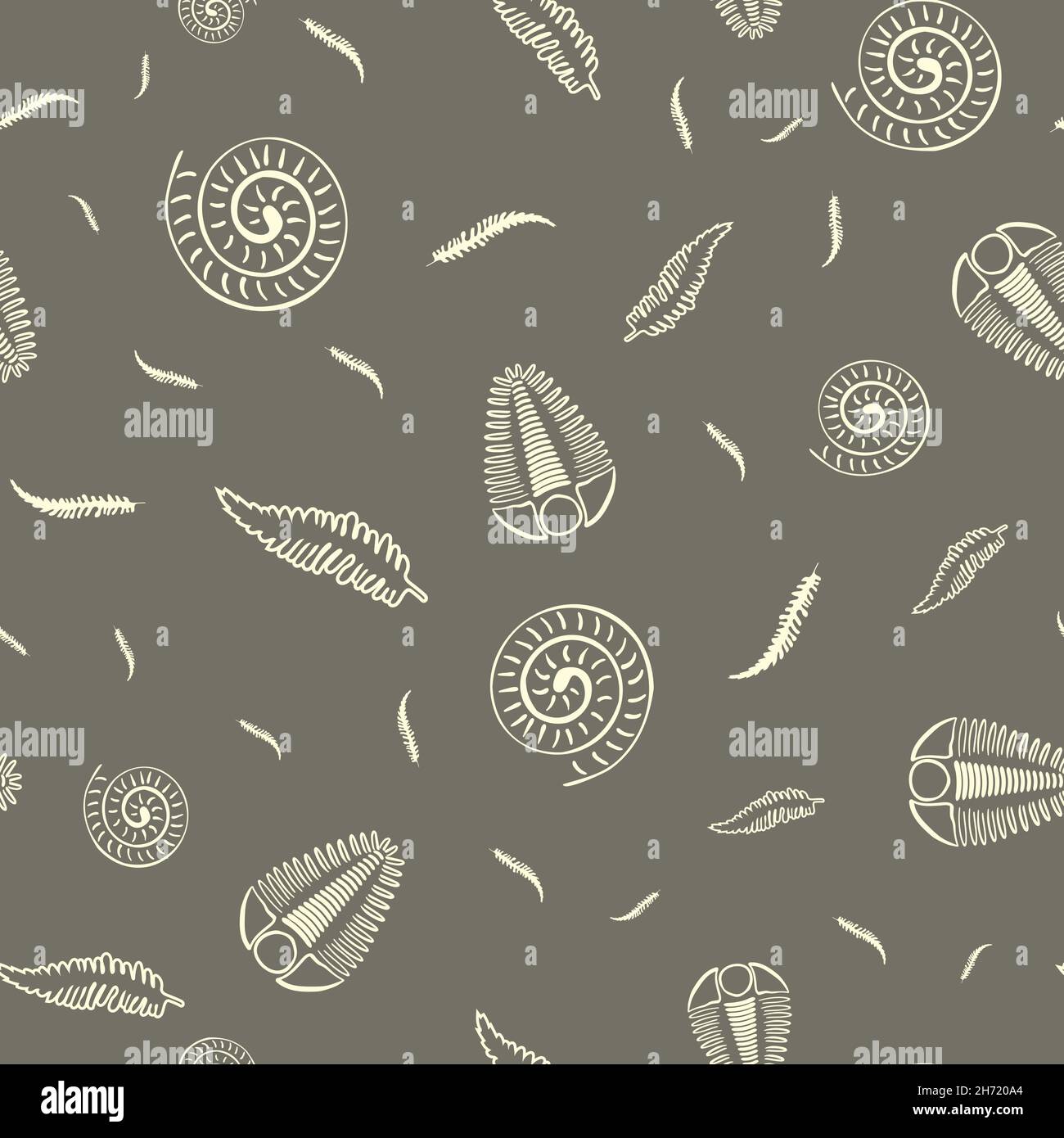 Ammonite trilobite fern vector seamless pattern background. Hand drawn ...