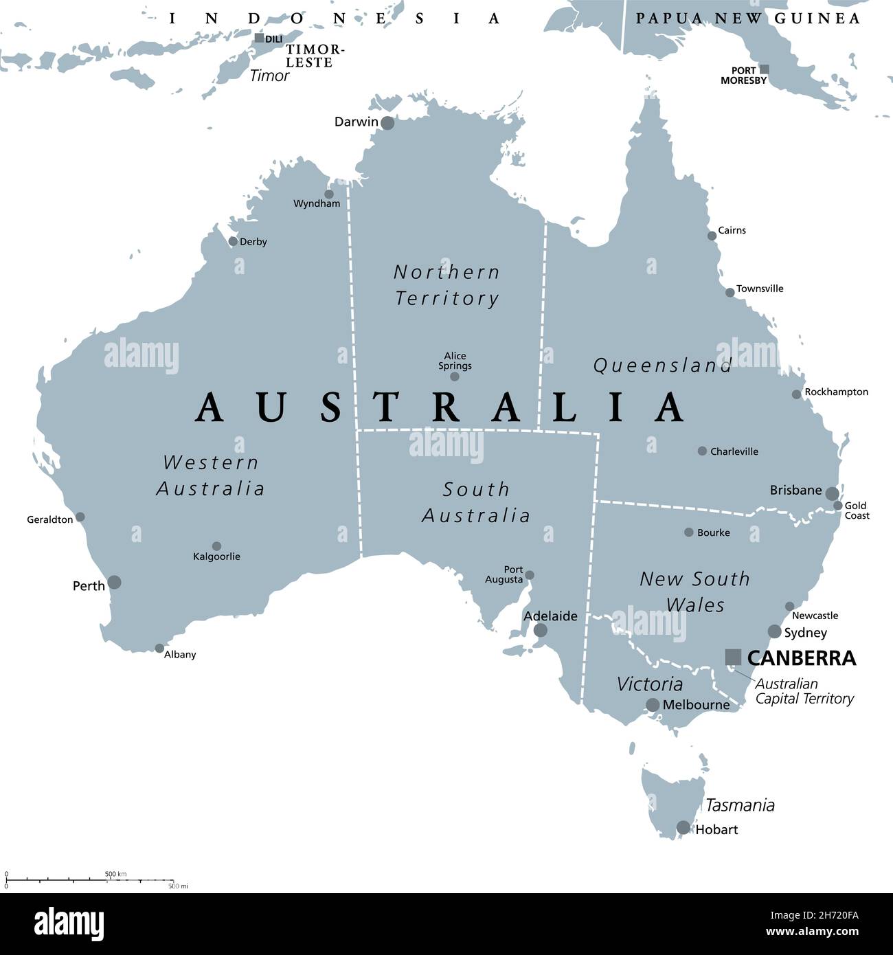 Australia, gray political map, with capital Canberra, internal administrative boundaries, and most important cities. Commonwealth of Australia. Stock Photo
