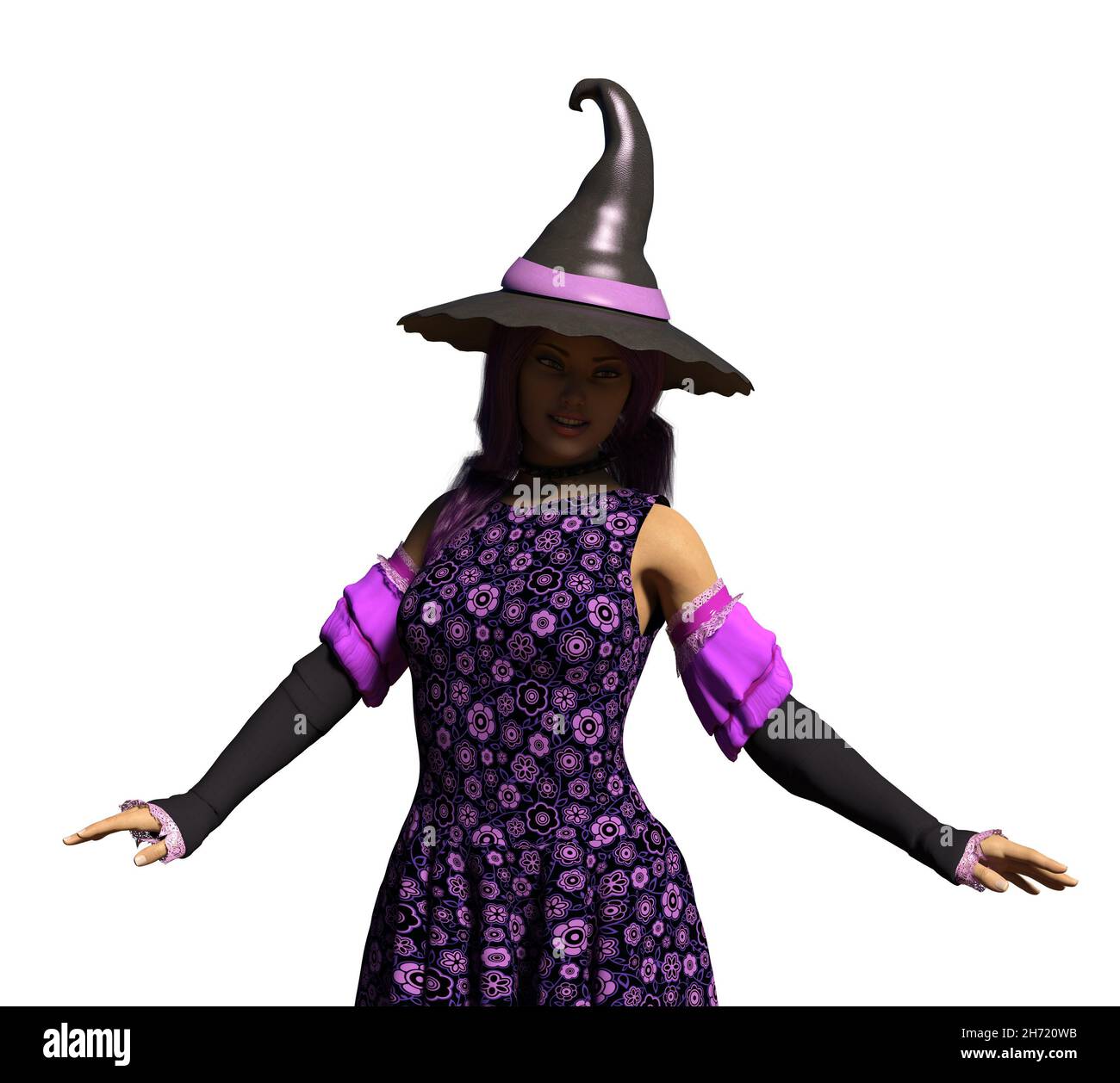 Digitally rendered woman with purple hair and eyes in witch hat ready for Halloween, 3d illustration. Stock Photo
