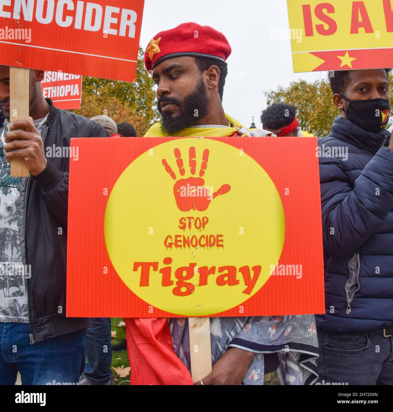 London, UK. 19th November 2021. Demonstrators gathered at Parliament Square in protest against mass arrests of Tigrayans in Ethiopia and what they call "genocidal war" by Ethiopia and Eritrea on the region of Tigray. Stock Photo