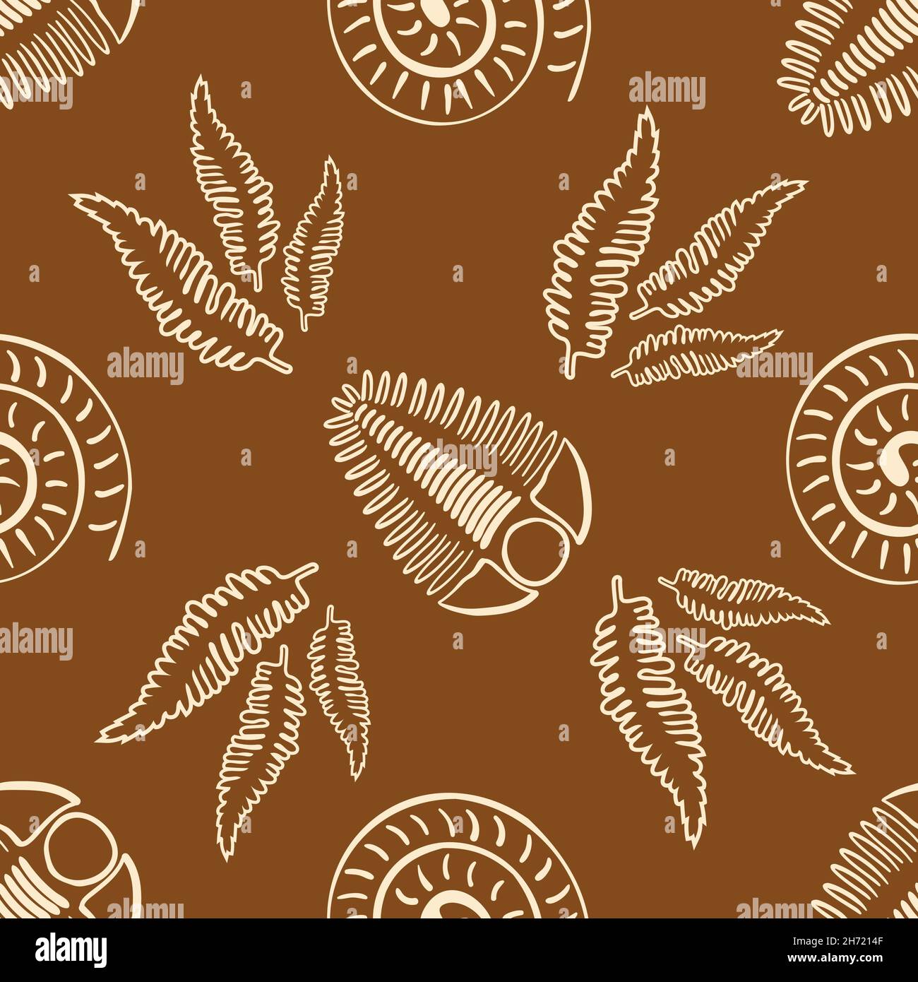 Ammonite trilobite fern vector seamless pattern background. Hand drawn ...