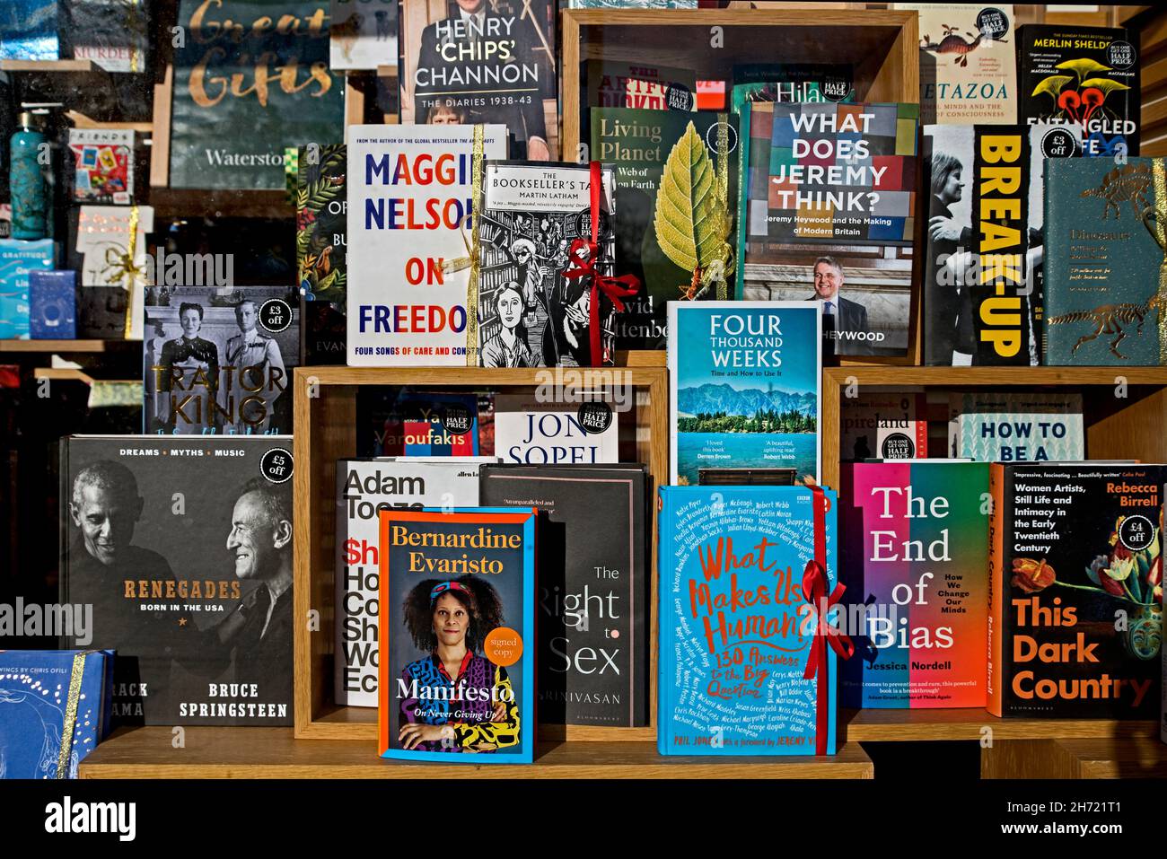 A selection of books on display in the window of Waterstones Bookshop on Princes Street, Edinburgh, Scotland, UK. Stock Photo