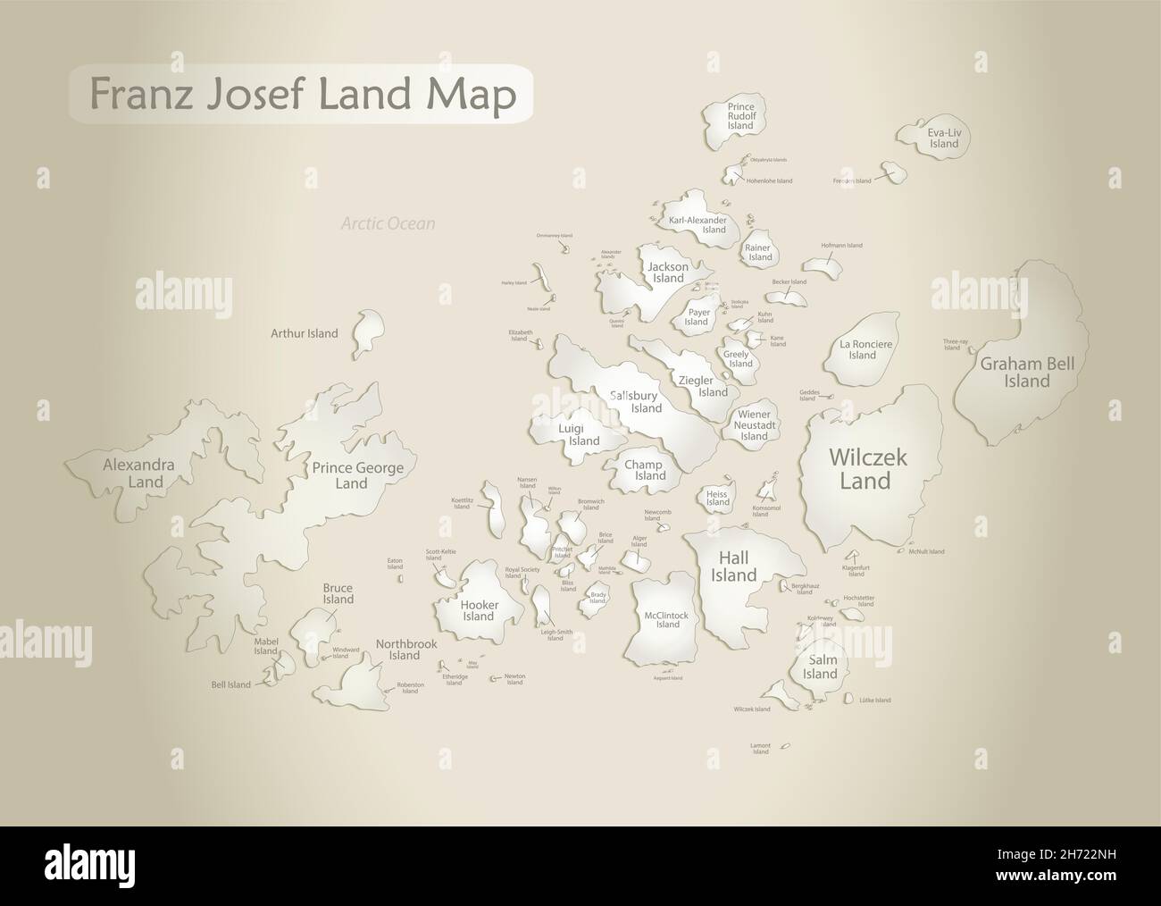 Franz Josef Land map, administrative division with names, old paper