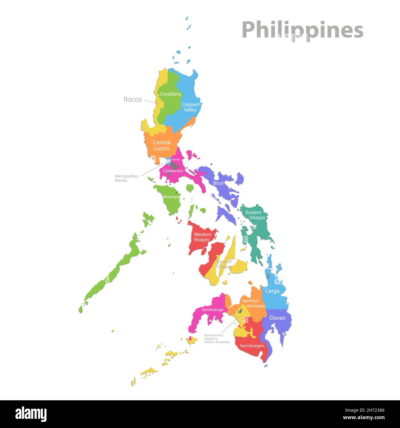 Philippines map, administrative division, separate individual regions ...