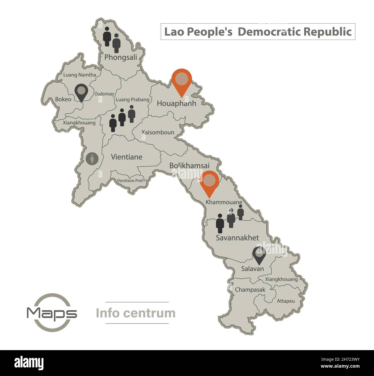 Laos map, individual regions with names, Infographics and icons vector Stock Vector