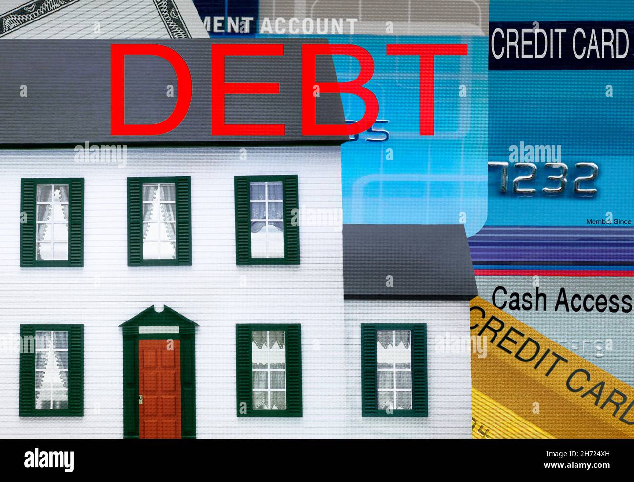 Debt. Family home mortgage debt. Credit card debt. Owe money consumer culture. Economy, Recession Stagflation. USA American dream house. Stock Photo