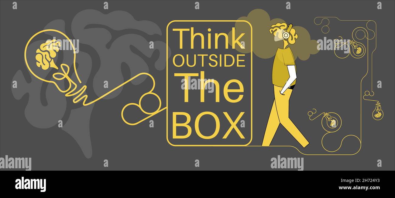 Motivational Typographic Quote - Think Outside The Box concept Vector Typographic Design with lightbulb and brain logos. Stock Vector