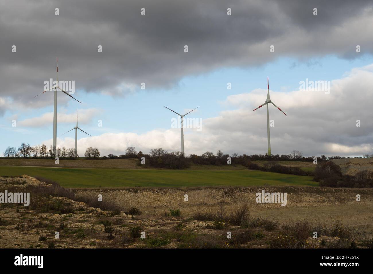 windmills bucha thuringia energy power politics background Stock Photo