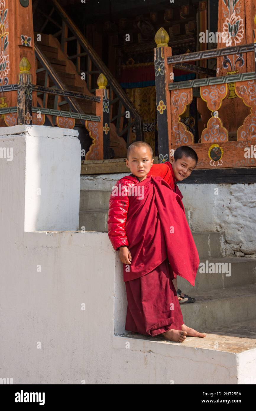 Young Buddhist novice monks at the Dechen Phodrang monastic school in Thimphu, Bhutan. Stock Photo