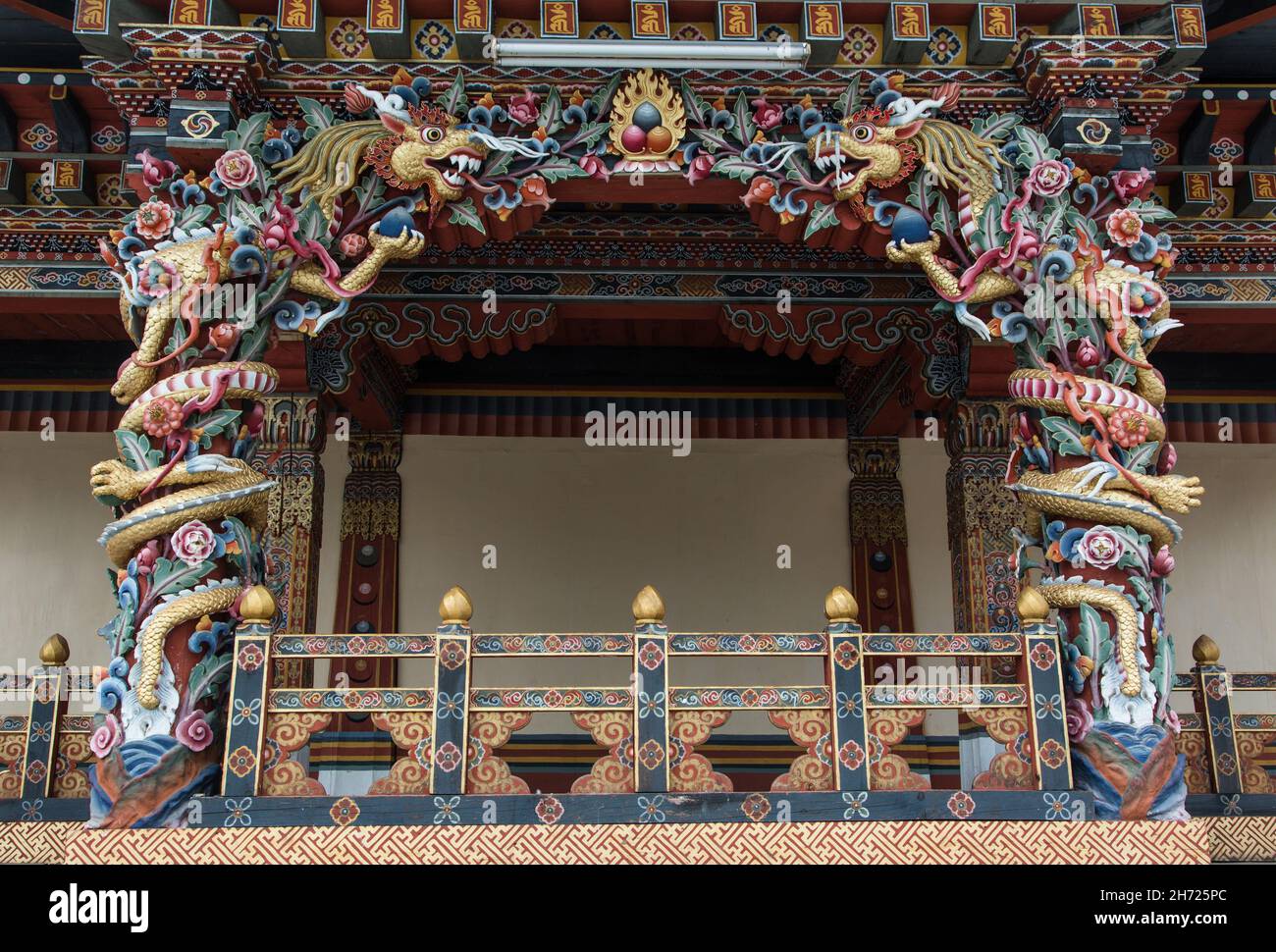 Ornate detail around the King's Box at the Thimphu Dzong in Thimphu, Bhutan. Stock Photo