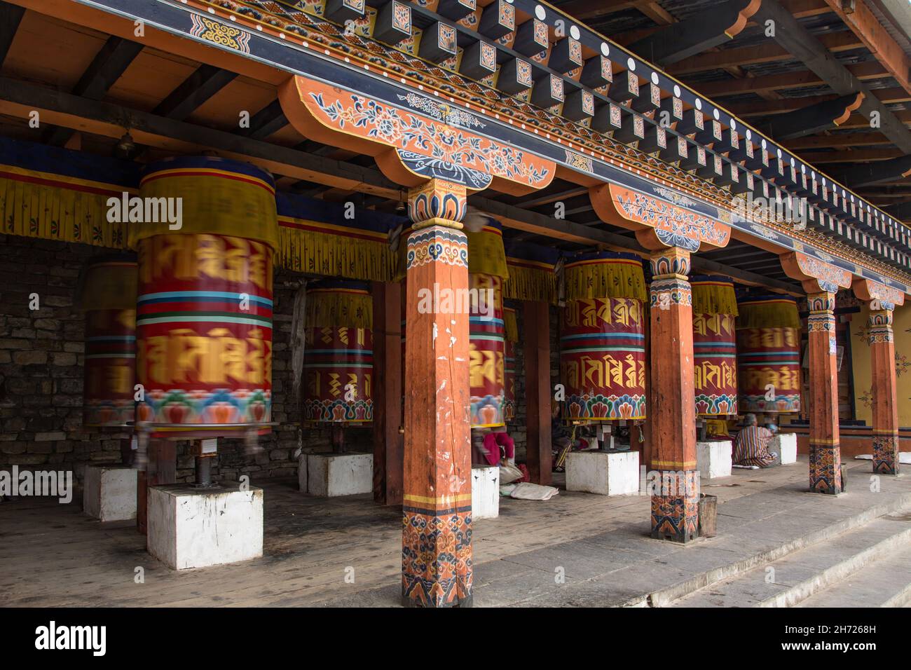 Giant Buddhist prayer wheels at the National Memorial Chorten in Thimphu, Bhutan. Stock Photo