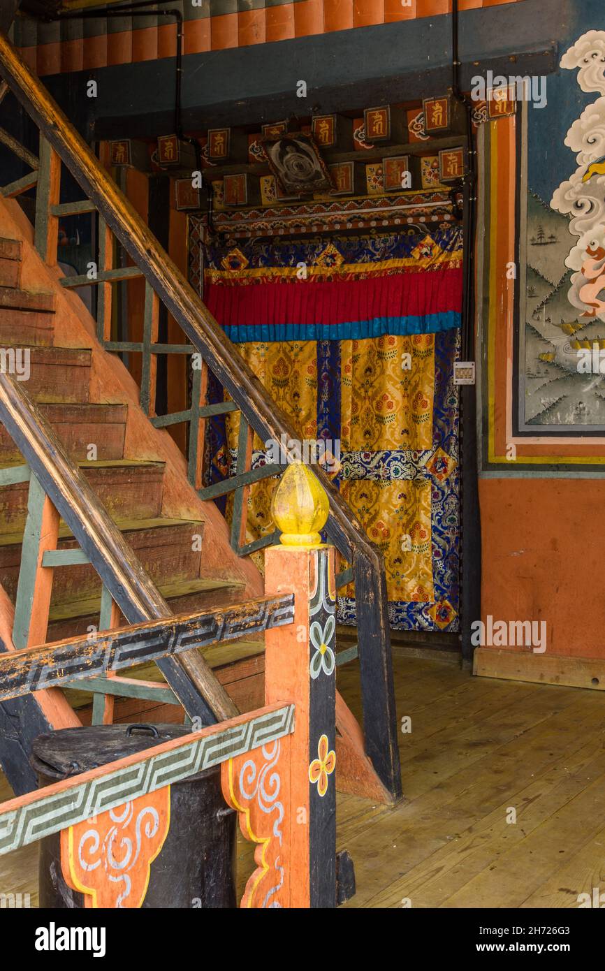Interior of the Dechen Phodrang Monastery in Thimphu, Bhutan. Stock Photo