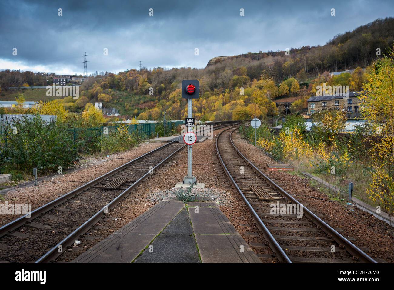 Northern Rail trains pass through the West Yorkshire railway station of Halifax, Calderdale, England, UK Stock Photo