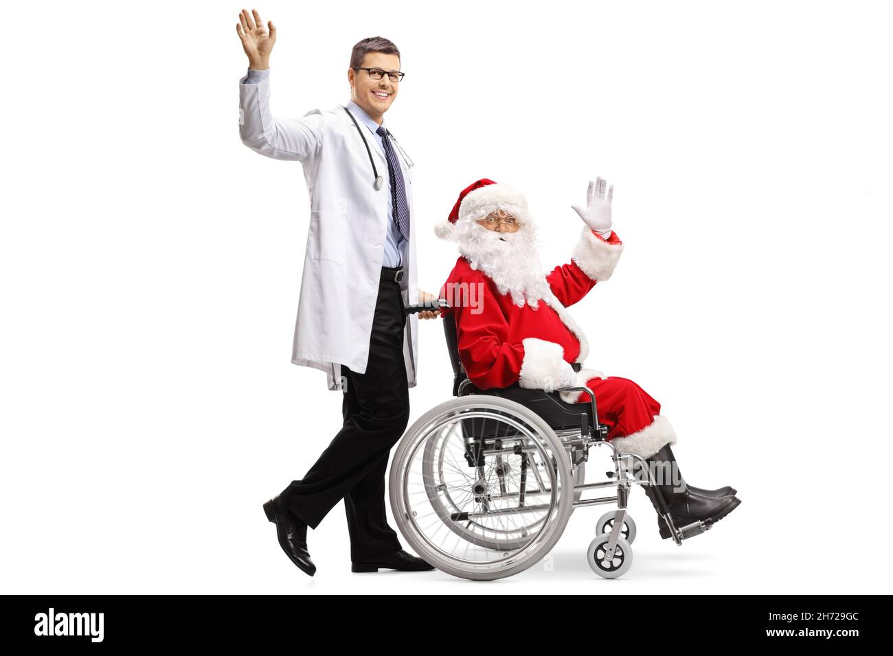 Santa Using A Walker Full length profile shot of a doctor pushing santa claus in a ...