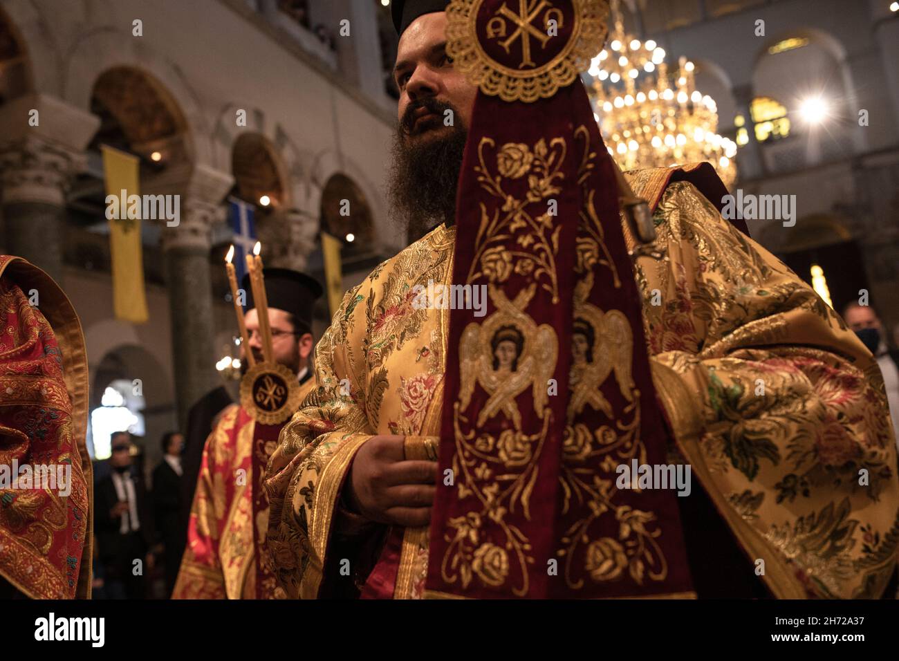 Doxology at the Church of St. Demetrius, the patron Saint of Thessaloniki, in presence of the President of the Hellenic Republic, Katerina Sakellaropo Stock Photo