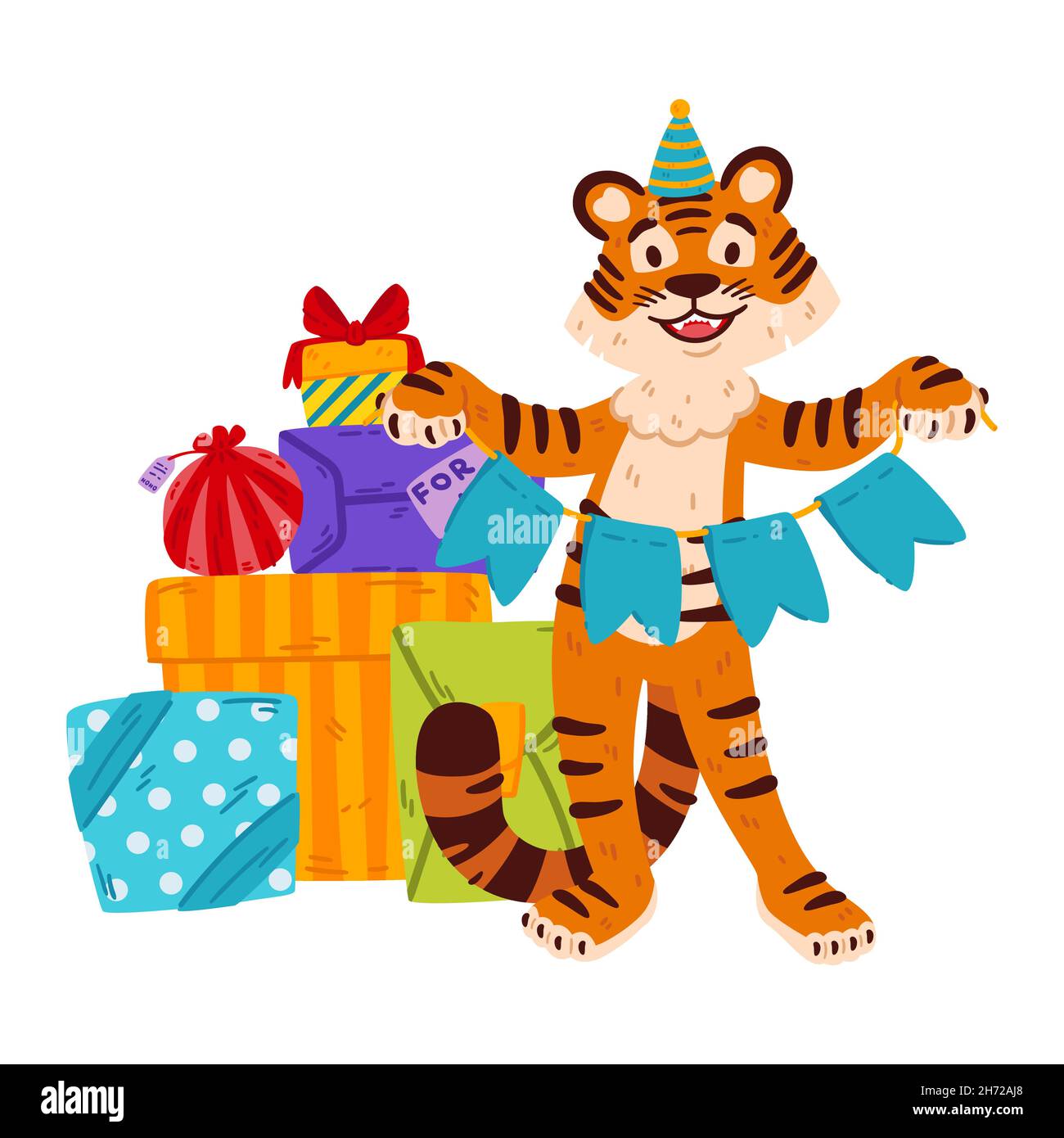 Smiling tiger with party hat, festive garland flags, presents. Chinese zodiac animal. Symbol of the new year 2022, 2034. Vector illustration isolated Stock Vector