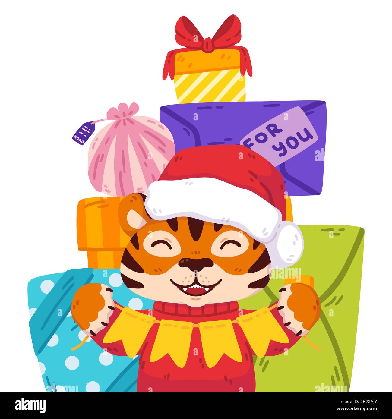 Smiling tiger with santa hat, festive garland flags, presents. Chinese zodiac animal. Symbol of the new year 2022, 2034. Vector illustration isolated Stock Vector